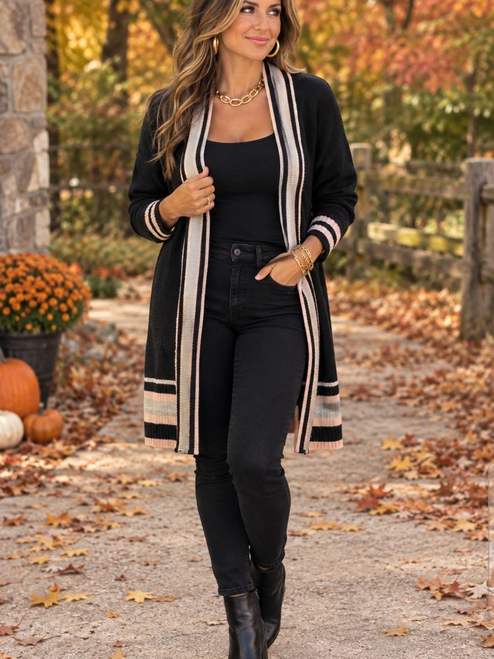 Pink Rose Black Cardigan Academia Sweater Neutral Blush and Cream Stripe Trim